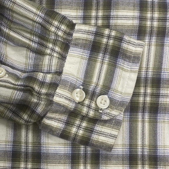 Horny Toad Tan Gray White Plaid Gathered Back Flannel Shirt Size S - Picture 4 of 9
